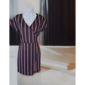 Rebel Sugar Dress M Navy Blue Red Striped Faux Wrap V Neck Tie Waist Slim Fit